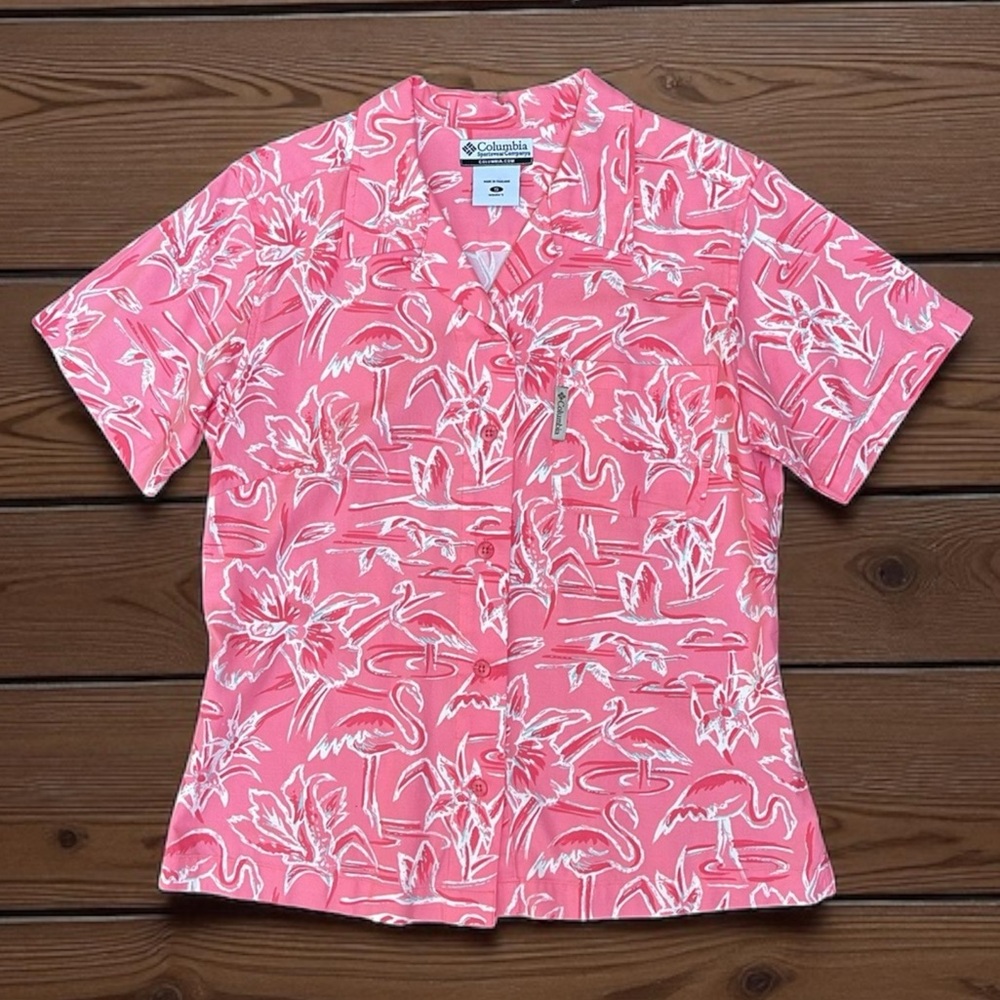 Columbia Pink Flamingo Button Down Short Sleeve Shirt Size Small